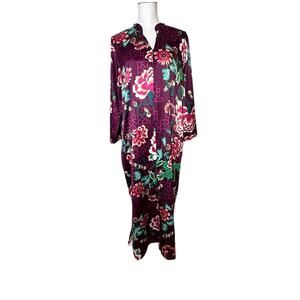 Natori Kasumi Zip Caftan purple floral stretch satin dress robe loungewear M